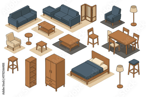 Isometric collection of modern home furniture pieces including sofas tables chairs and storage units
