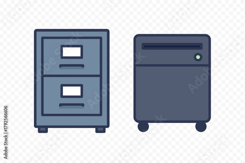 Outline icons of filing cabinet and desktop computer tower for organization