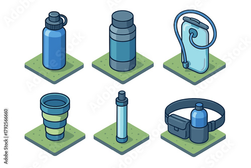 Isometric outdoor hydration equipment including reusable water bottles, purification filter, and waist pack