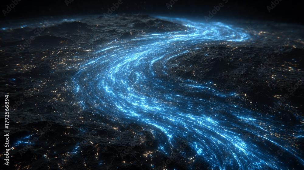 Fototapeta premium Bioluminescent river winding through a dark landscape with distant city lights visible