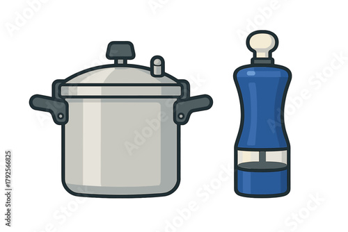 Stainless steel pressure cooker and modern blue spice grinder kitchen tools