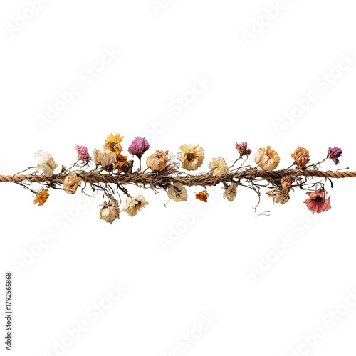 Dried floral garland strung across center