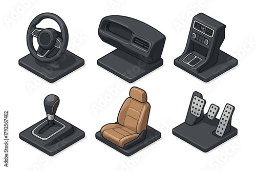 Isometric car interior components including steering wheel, dashboard, seat, and pedals