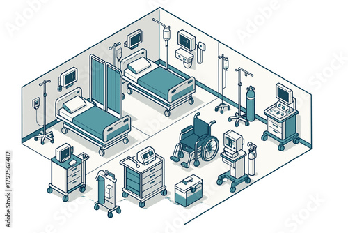Modern hospital patient room interior with beds, monitors, IV poles, and essential medical equipment