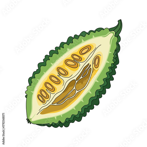 Creative illustration of sliced bitter melon, tropical fruit on a white backdrop