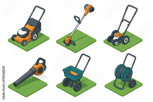 Fototapete Essential lawn care and gardening equipment set including mowers, trimmer, blowe