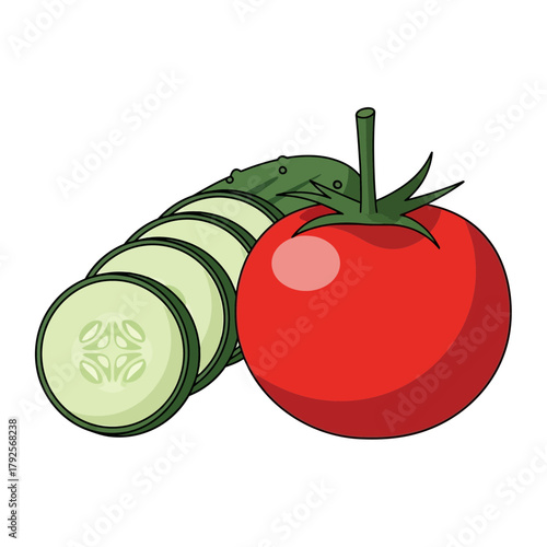 Illustration of a fresh tomato and sliced cucumber on a white background