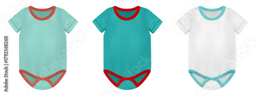 Set of White, Mint and Emerald Baby Body Suit With Blue and Red Trim vector mockup, baby onesie isolated on transparent background