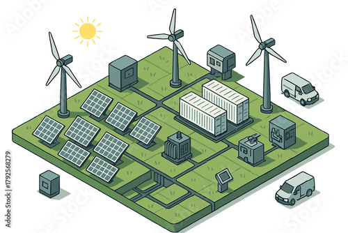 Modern renewable energy infrastructure system with wind power, solar arrays, and battery storage on a green landscape