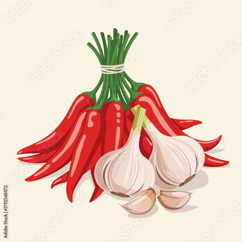 Rustic arrangement of chili peppers and garlic creating culinary intrigue