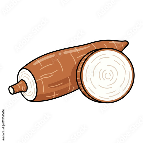 Simple Cassava Illustration Showing a Cut Root and its Textured Peel