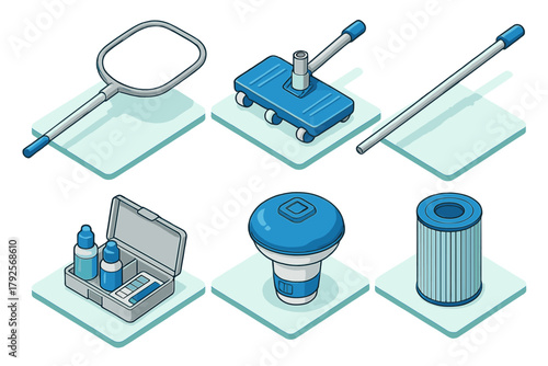 Isometric set of swimming pool cleaning and maintenance equipment including skimmer net vacuum head and chemical tester