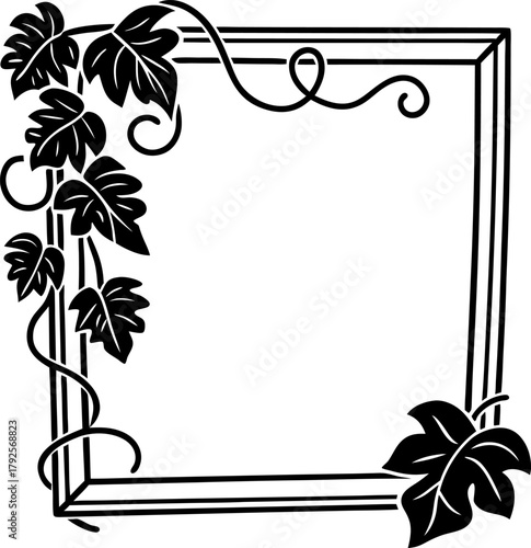 square frame decorated with curling vine and grape leaves, nature inspired border design for invitations or announcements