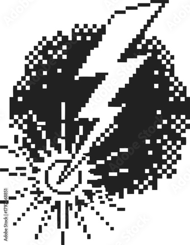 Lightning bolt striking, pixel art black and white illustration thunderstorm energy, electricity, explosion, power icon