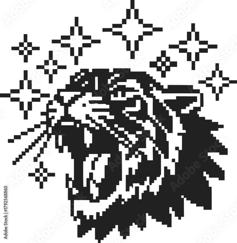 Pixelated roaring tiger head with open mouth and stylized stars, bold black and white digital graphic animal art