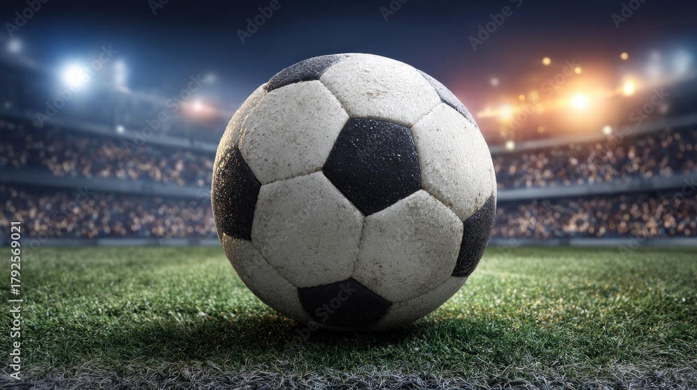 Fototapeta premium A soccer ball on a grass field with stadium lights in the background.
