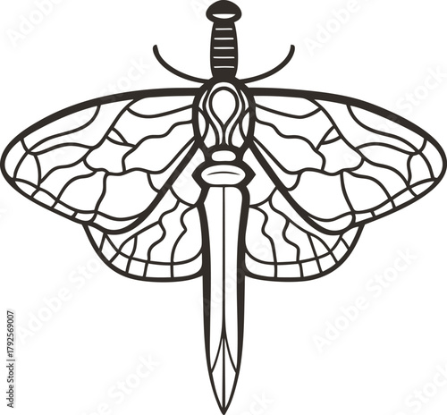 Moth sword fusion design symmetrical tattoo concept, insect wings merging with blade handle, black line art illustration