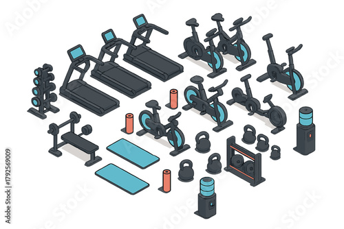 Isometric collection of modern gym fitness equipment, including cardio machines, weights, and accessories
