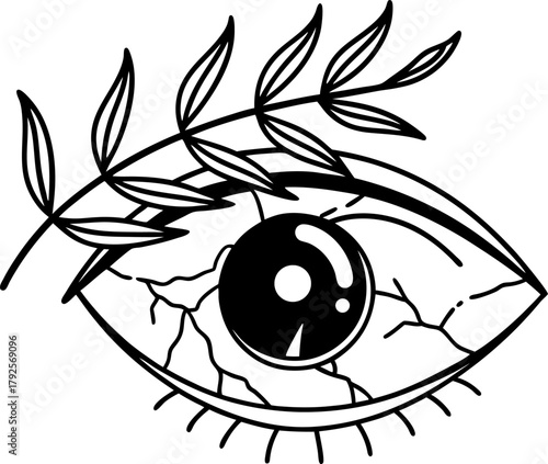 Detailed human eye illustration with decorative branch, monochrome sketch style, botanic motif, surreal line art drawing
