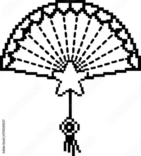 Pixel art handheld fan with decorative lace edge and hanging tassel retro digital style, oriental accessory illustration