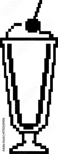 Pixel art milkshake in tall glass with cherry on top retro black and white dessert drink, vintage minimal line illustration