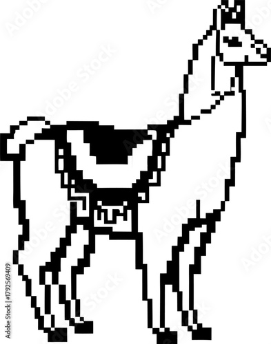 Pixel art llama illustration retro 8 bit animal, black and white digital icon, minimalistic design for games