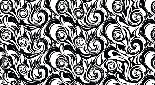 Black and white abstract swirl pattern with symmetrical curvilinear shapes for decorative, textile, and graphic vector content