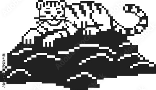 Pixel art tiger resting on rocky surface, retro video game animal illustration, black and white digital design
