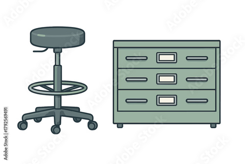 Adjustable medical stool with wheels and three-drawer metal filing cabinet furniture set