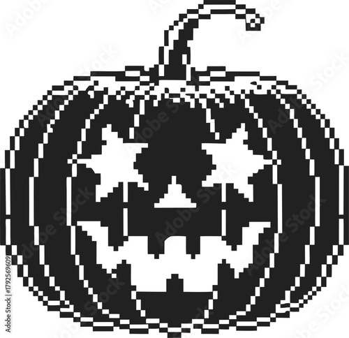 Pixel art jack o' lantern with star eyes, grinning face retro halloween pumpkin, spooky symbol, black and white illustration