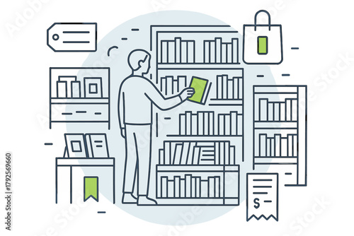 Customer selecting a book from a tall shelf in a modern bookstore or library setting