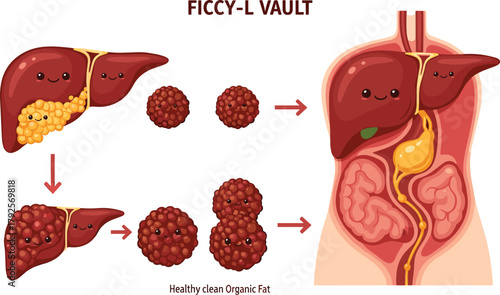 Cartoon illustration of liver fat transformation and detox process for health, wellness, and editorial vector content