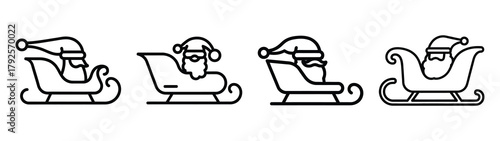 santa sleigh flying line art icon set. Christmas outline Vector illustration icons.