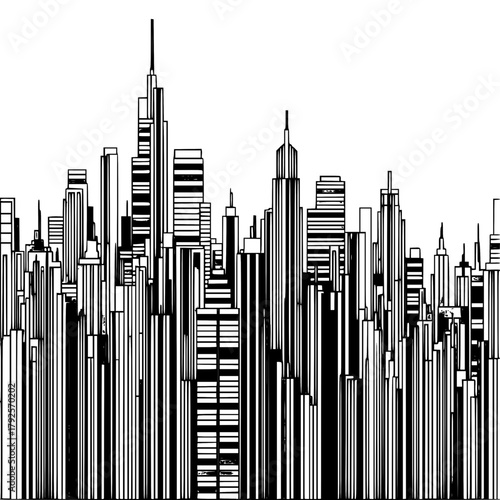 Minimal Black and White Line Art of Abstract City Skyline — Rhythmic Urban Life Concept