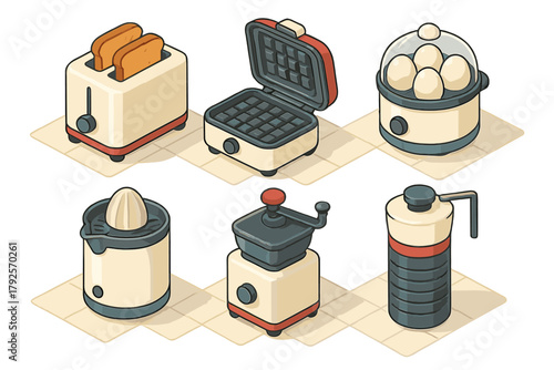 Isometric set of small kitchen appliances for breakfast preparation and cooking