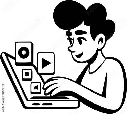 Engaged individual mastering digital content creation and media management on a laptop, symbolizing modern online work, communication, and creative concepts