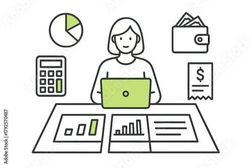 Female accountant managing finances and calculating budget on laptop surrounded by financial data icons