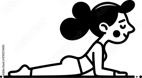 Simple black and white icon of a woman practicing the Cobra yoga pose, a concept of wellness, fitness, and mindful exercise