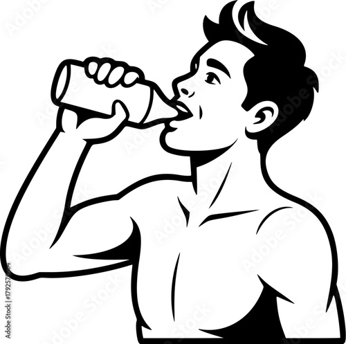 Black and white illustration of a shirtless man drinking from a bottle, healthy lifestyle and refreshment