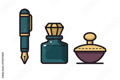 Antique fountain pen, ornate inkwell, and traditional desk blotter set