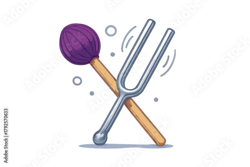 Metallic tuning fork vibrating next to a purple mallet for musical instruments