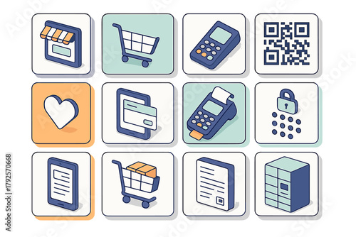 Isometric icons covering online shopping, digital payment, security, and delivery logistics