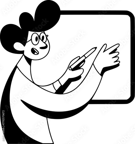 Line art illustration of a friendly teacher or business presenter with glasses, pointing to a whiteboard to explain a concept or give a lecture