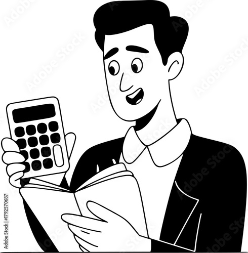 A monochrome vector illustration of a businessman or accountant meticulously calculating finances while referencing a ledger, symbolizing budgeting and financial planning