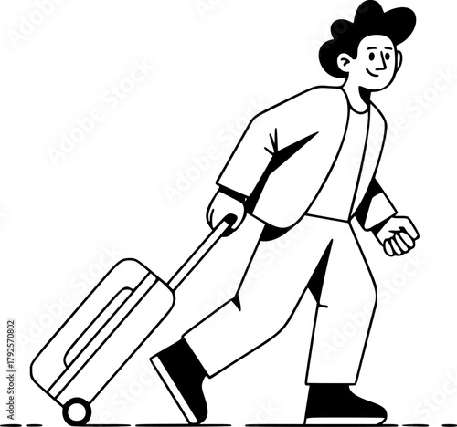 Illustration of a happy traveler pulling luggage, ready for an adventure or business trip, embodying the joy of a new journey