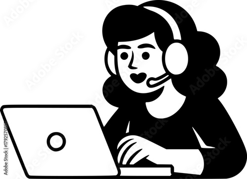 Professional customer service representative communicating online, providing virtual support, or engaged in remote work with a headset and laptop for efficient digital assistance
