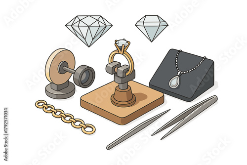 Isometric set of jewelry crafting tools, precious gems, diamond ring, and necklace