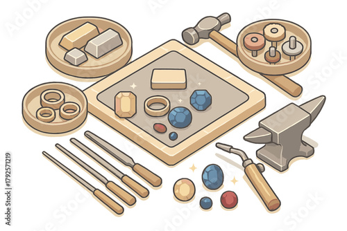 Professional jewelry crafting equipment layout with precious stones, raw gold, silver, and tools