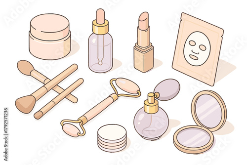 Isometric set of essential beauty and cosmetic products including makeup, skincare and tools