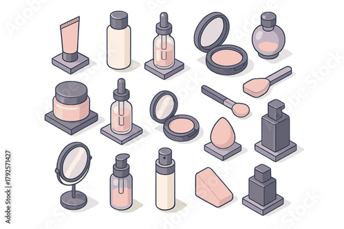 Isometric collection of beauty products, skincare containers, makeup compacts, brushes, and sponges